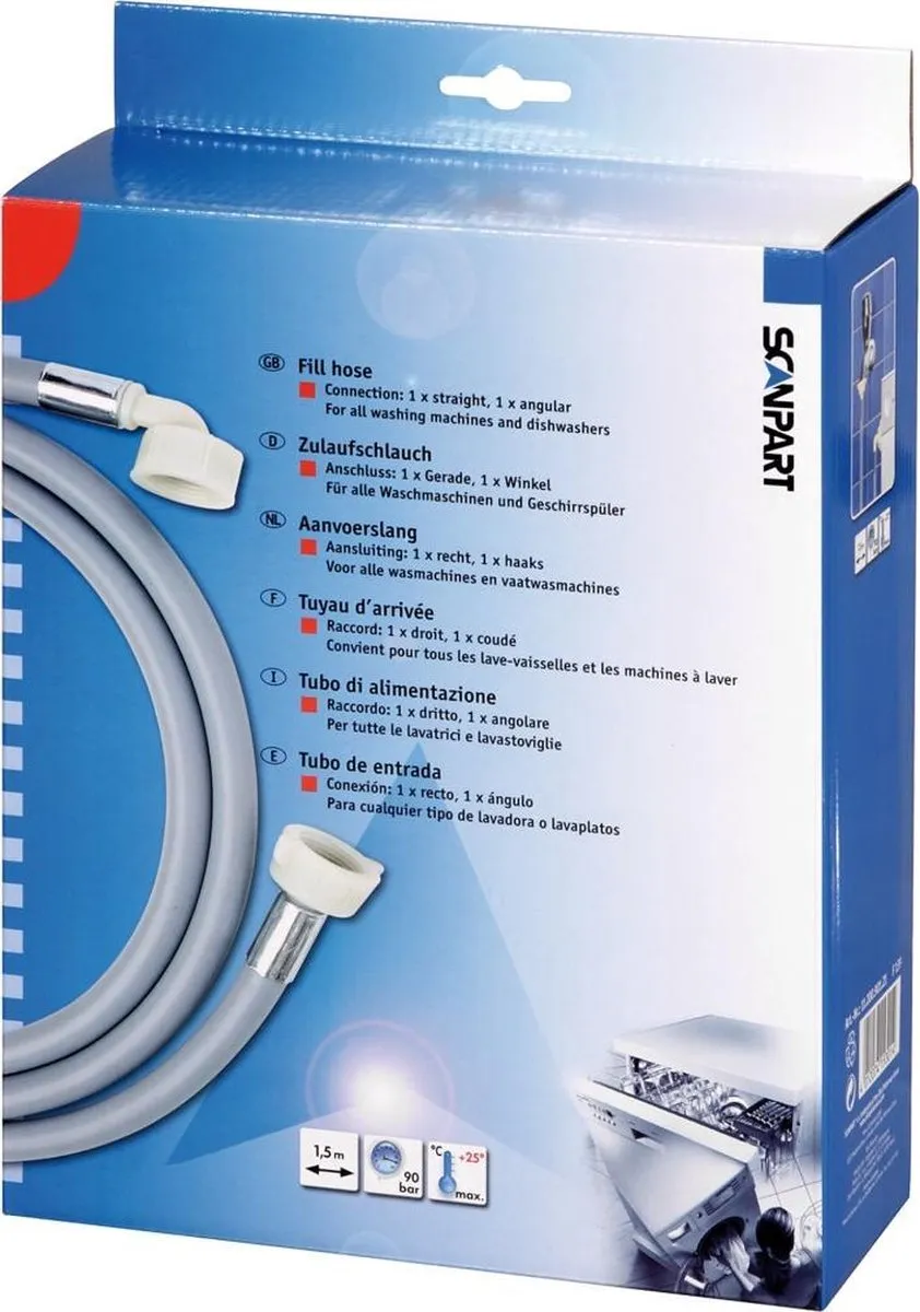 Scanpart Aanvoerslang Wasmachine 1.5m - 19mm - Grijs