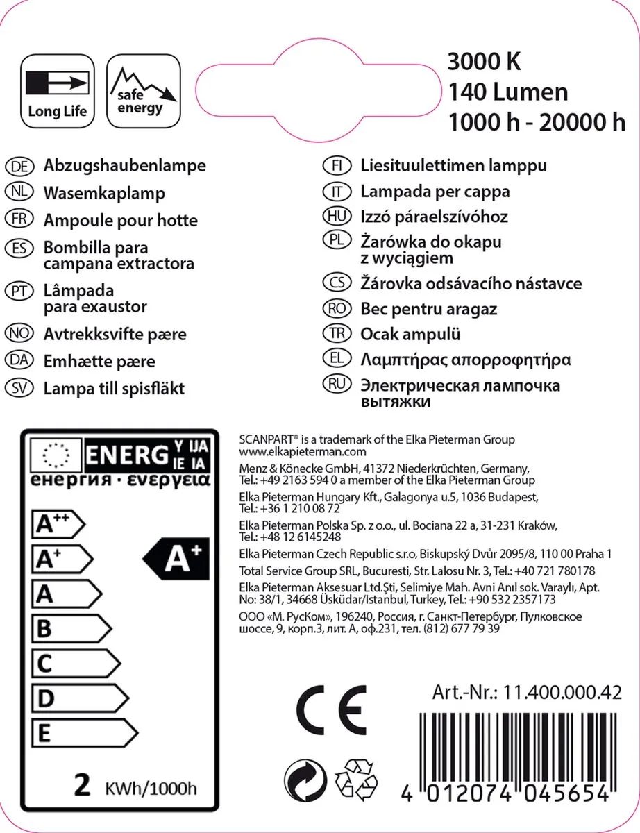Scanpart Afzuigkaplamp E14 LED 20W Blauw - 1 Stuk