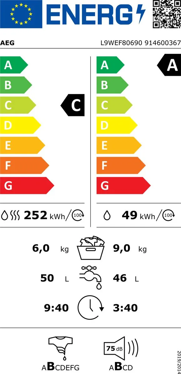 AEG L9WEF80690 Wasdroogcombinatie 9/6 kg - Wit