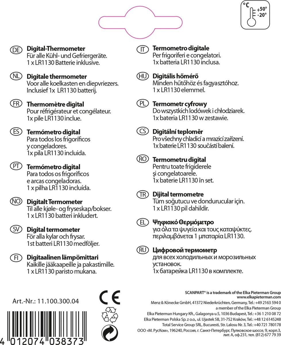 Scanpart Universele Koelkastthermometer 1110030004 - -20°C tot +50°C - Zwart