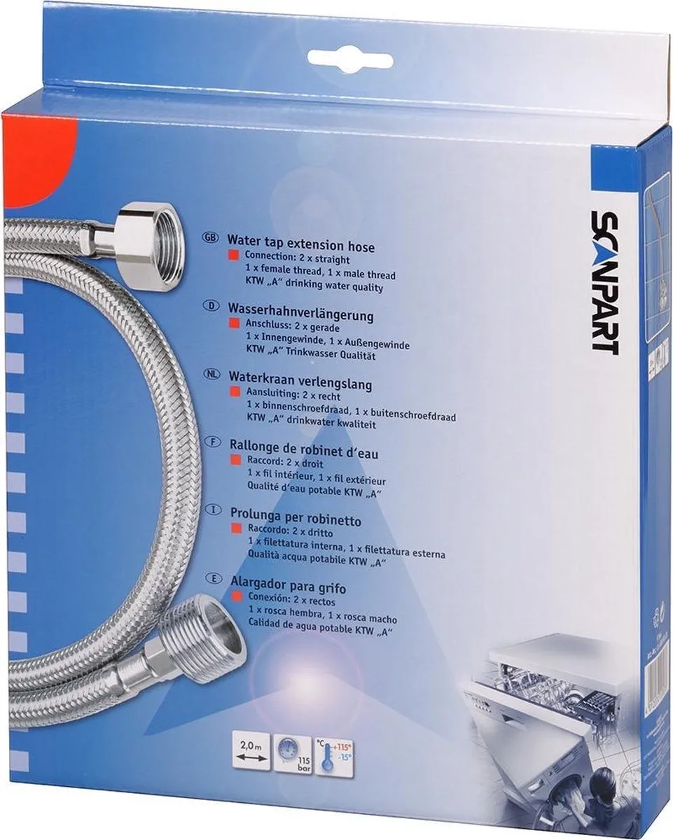 Scanpart F144 Verlengslang 2m - RVS Gevlochten - KTW/DVGW Goedgekeurd