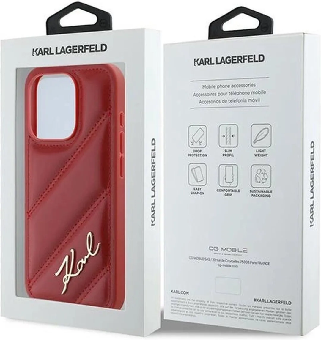 Karl Lagerfeld Diagonal Quilted Script Hoesje iPhone 15 Pro Max - Rood