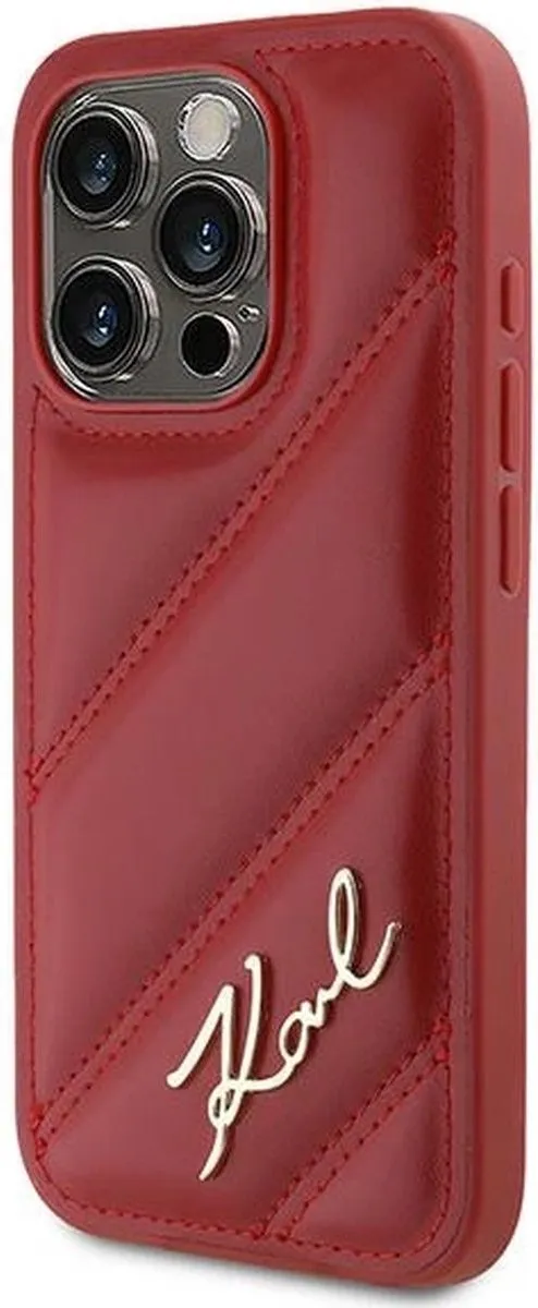 Karl Lagerfeld Diagonal Quilted Script Hoesje iPhone 15 Pro Max - Rood