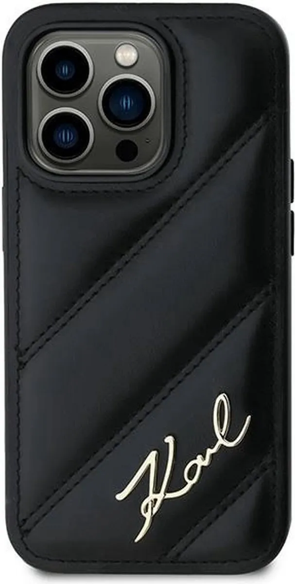 Karl Lagerfeld Diagonal Quilted Script Hoesje iPhone 14 Pro - Zwart