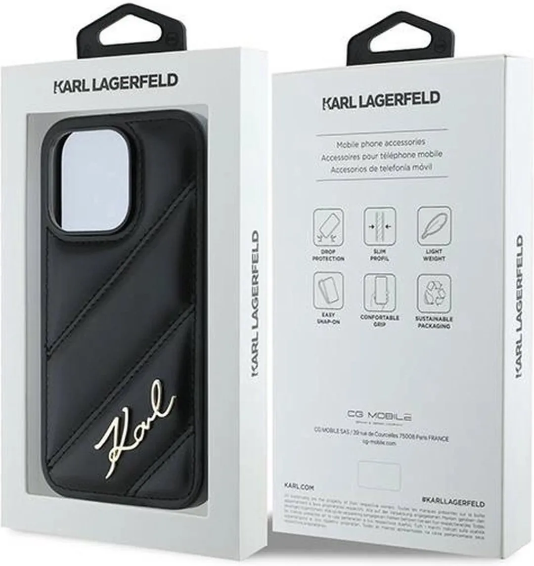 Karl Lagerfeld Diagonal Quilted Script Hoesje iPhone 14 Pro - Zwart
