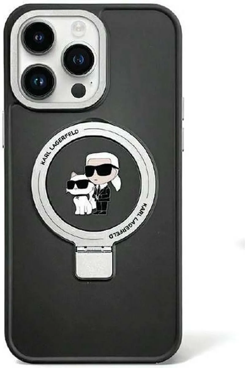 Karl Lagerfeld Ring Stand Karl & Choupette Hard Case Back Cover iPhone 15 - Zwart