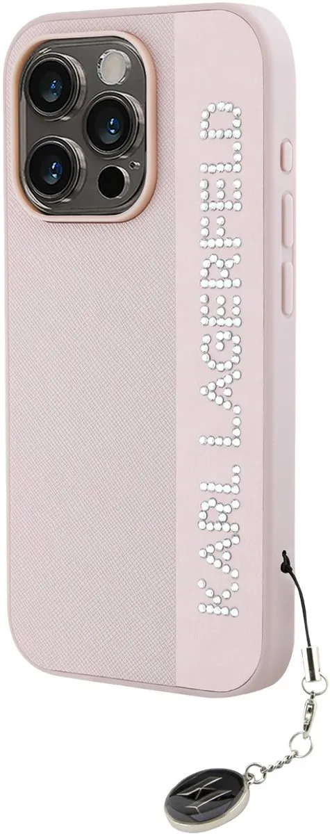 Karl Lagerfeld Saffiano Strass Hoesje iPhone 15 Pro Roze KLHCP15LPSAKDGCP