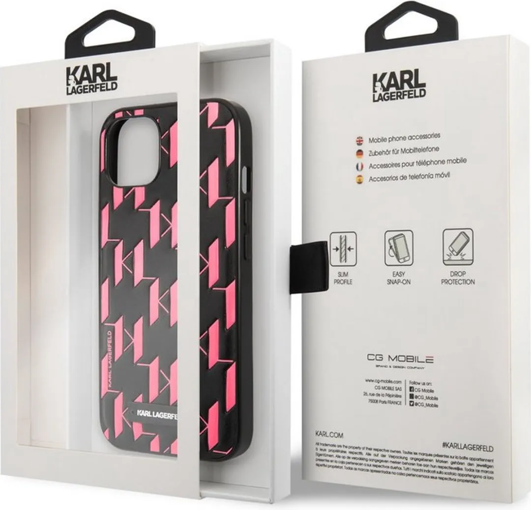 Karl Lagerfeld Monogram Plaque Back Case iPhone 13 Mini - Zwart/Roze