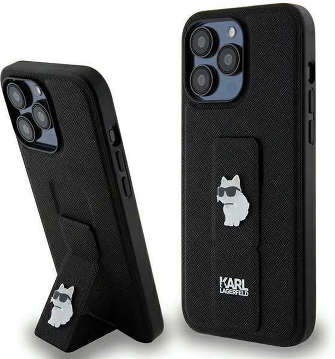 Karl Lagerfeld Gripstand Saffiano Choupette Pins Case iPhone 13 - Zwart
