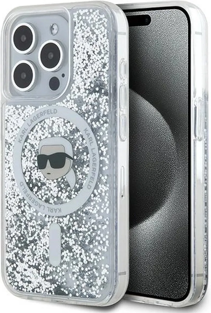 Karl Lagerfeld Liquid Glitter Karl Head MagSafe Hoesje iPhone 15 Pro Max - Transparant