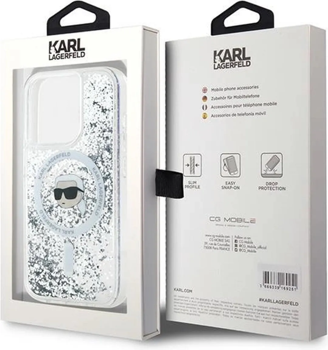Karl Lagerfeld Liquid Glitter Karl Head MagSafe Hoesje iPhone 15 Pro Max - Transparant