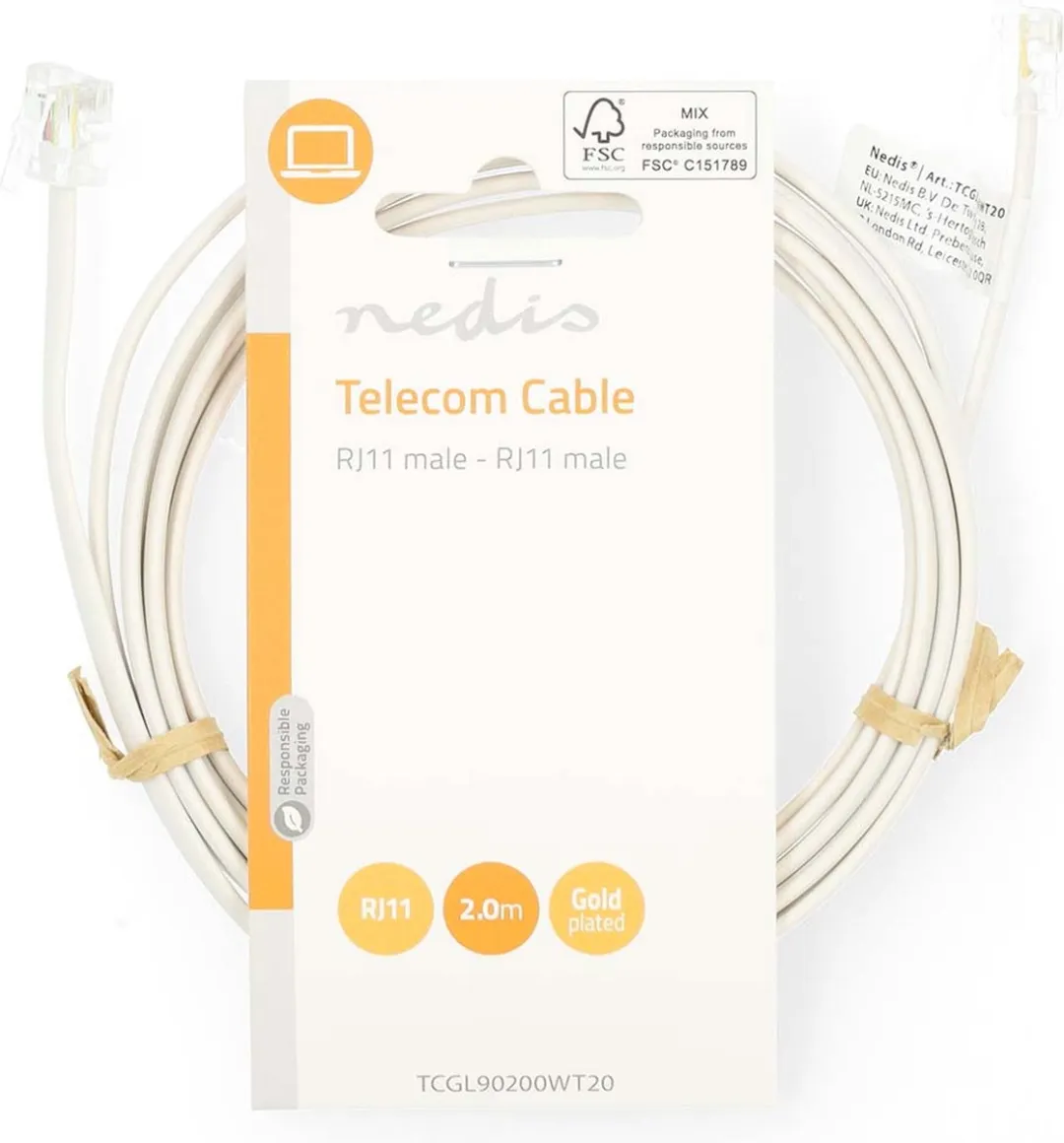 Nedis Telecomkabel TCGL90200WT20 RJ11 - 2m - Plat - Goud