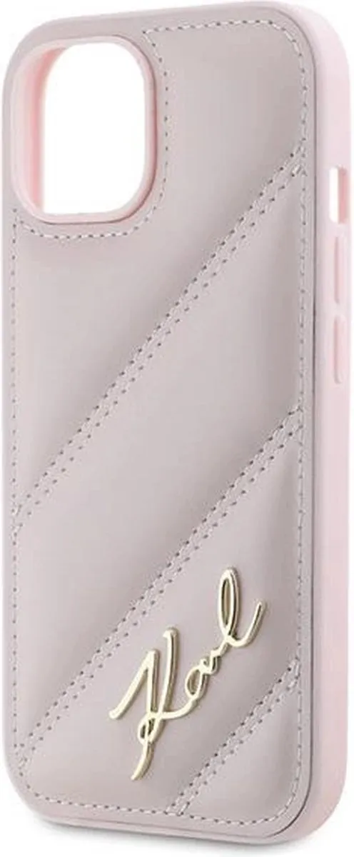 Karl Lagerfeld Diagonal Quilted Script Hoesje iPhone 15 Plus - Roze