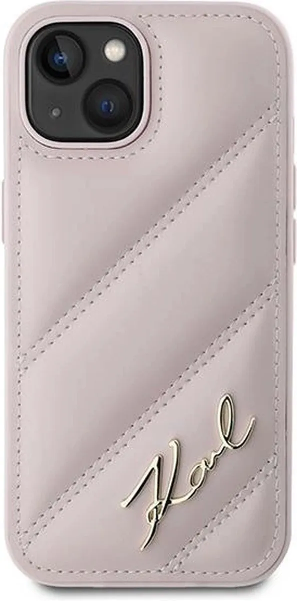Karl Lagerfeld Diagonal Quilted Script Hoesje iPhone 15 Plus - Roze