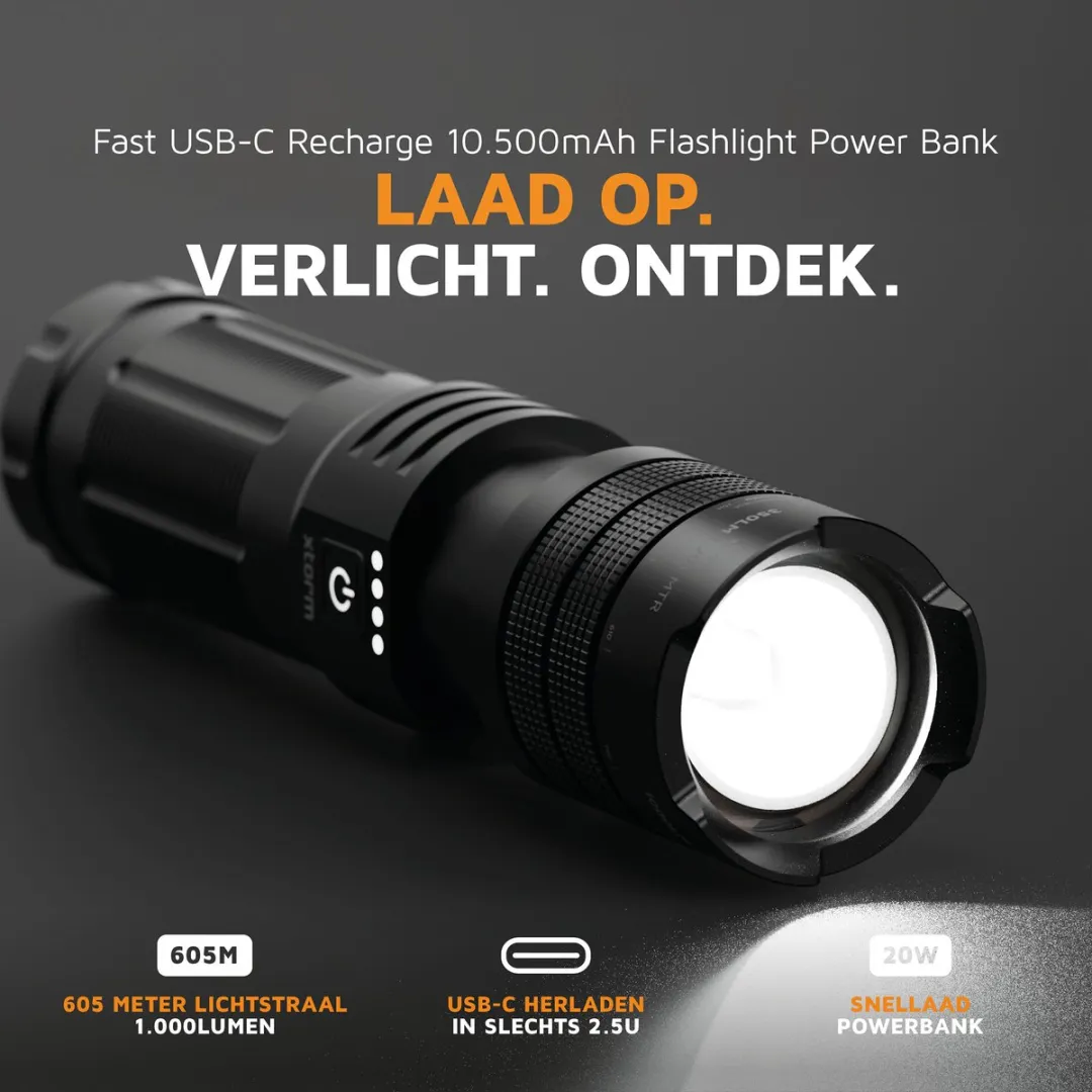 Xtorm XRF101 Zaklamp Powerbank 10500mAh - 1000 Lumen - Zwart
