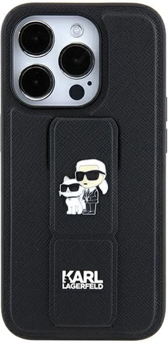 Karl Lagerfeld Gripstand Saffiano Karl&Choupette Hoesje iPhone - Zwart