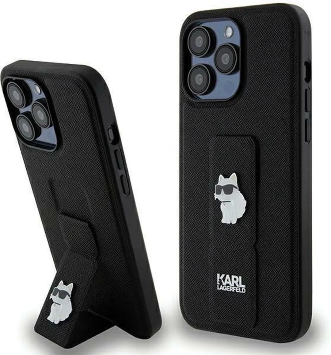 Karl Lagerfeld Gripstand Saffiano Choupette Hoesje iPhone 13/Pro/Max - Zwart