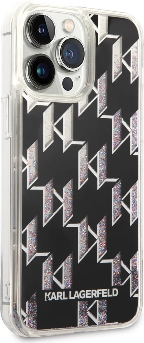 Karl Lagerfeld Liquid Glitter Monogram Back Case iPhone 14 Pro Max - 2 Stuks - Zwart