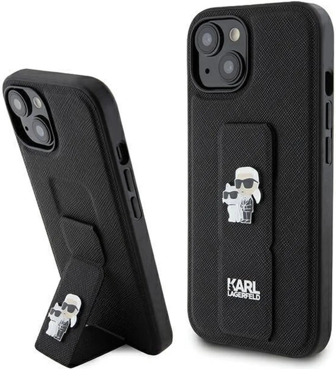 Karl Lagerfeld Gripstand Saffiano Karl&Choupette Hoesje iPhone 15/14 Plus - Zwart
