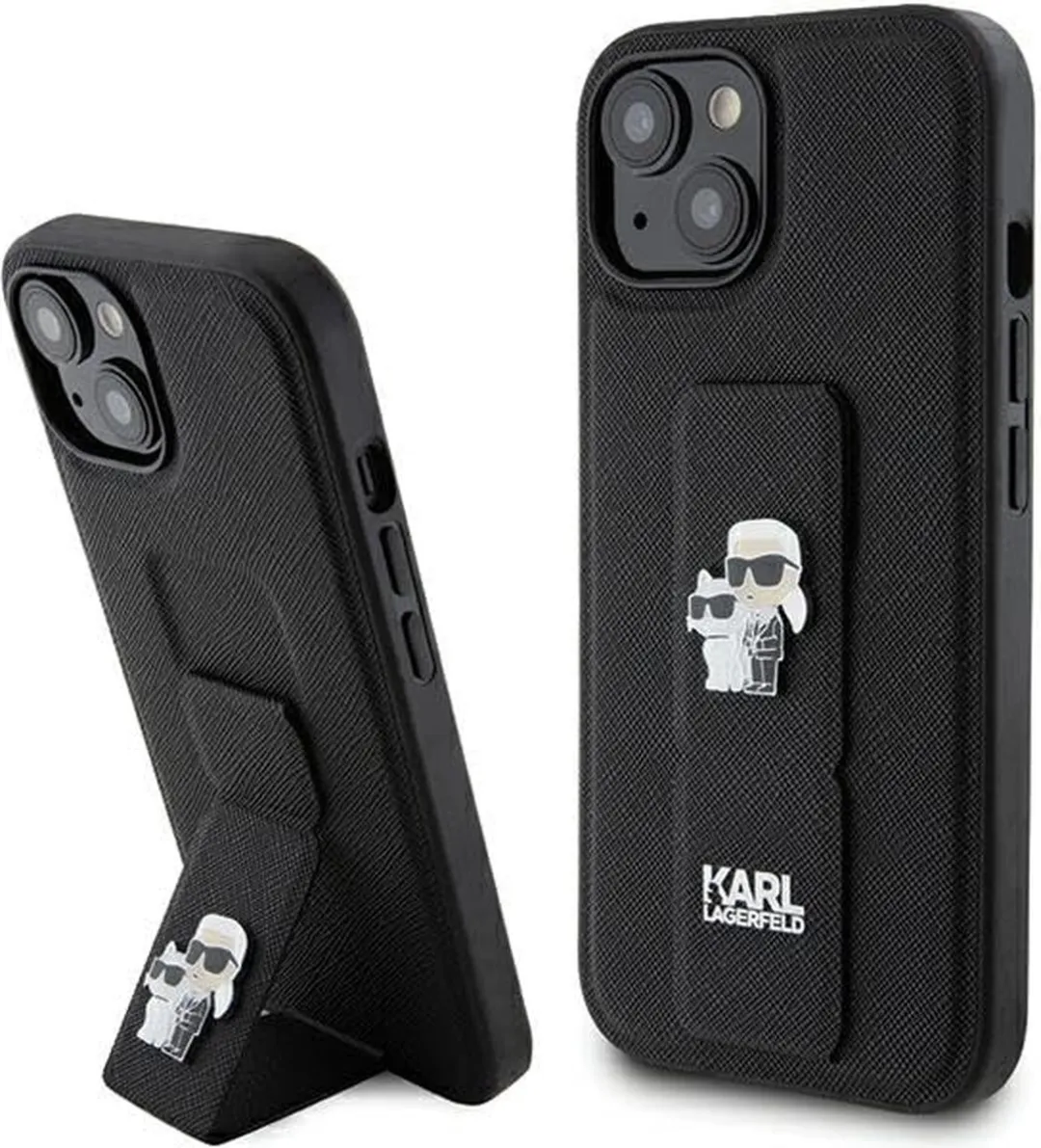 Karl Lagerfeld Gripstand Saffiano Karl&Choupette Hoesje iPhone 15/14 Plus - Zwart