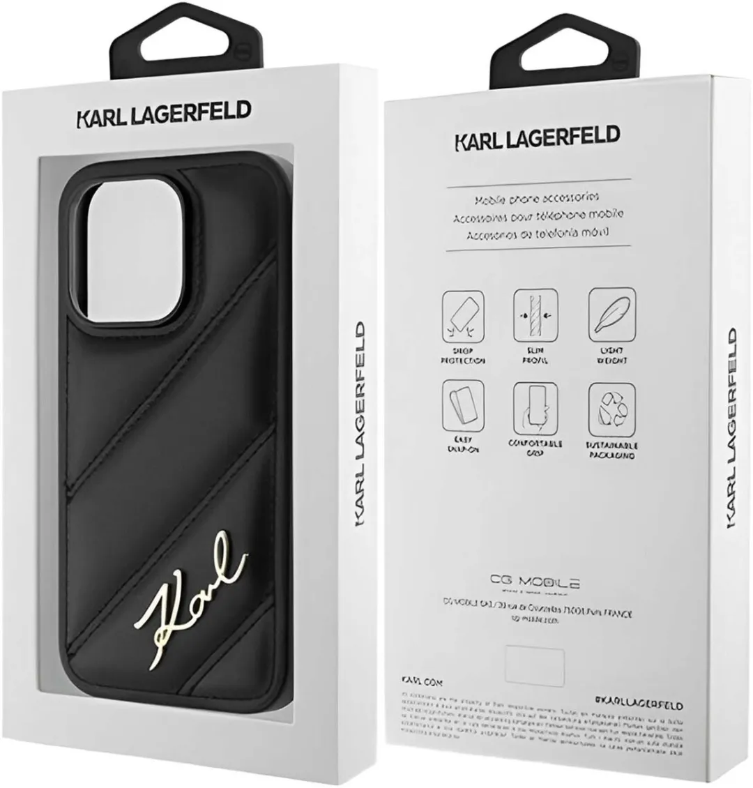 Karl Lagerfeld Diagonal Quilted Script Hoesje iPhone 15 Pro Max KLHCP15XPQDSMGK - Zwart