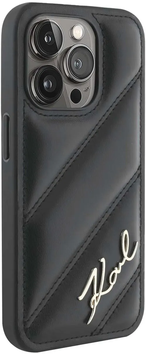 Karl Lagerfeld Diagonal Quilted Script Hoesje iPhone 15 Pro Max KLHCP15XPQDSMGK - Zwart