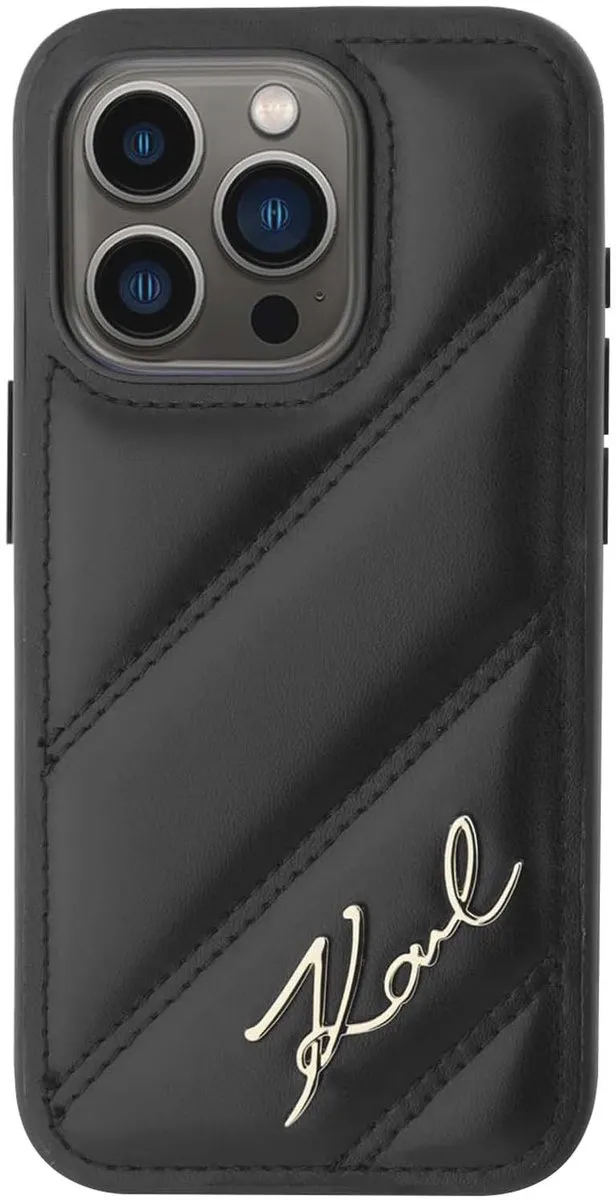 Karl Lagerfeld Diagonal Quilted Script Hoesje iPhone 15 Pro Max KLHCP15XPQDSMGK - Zwart