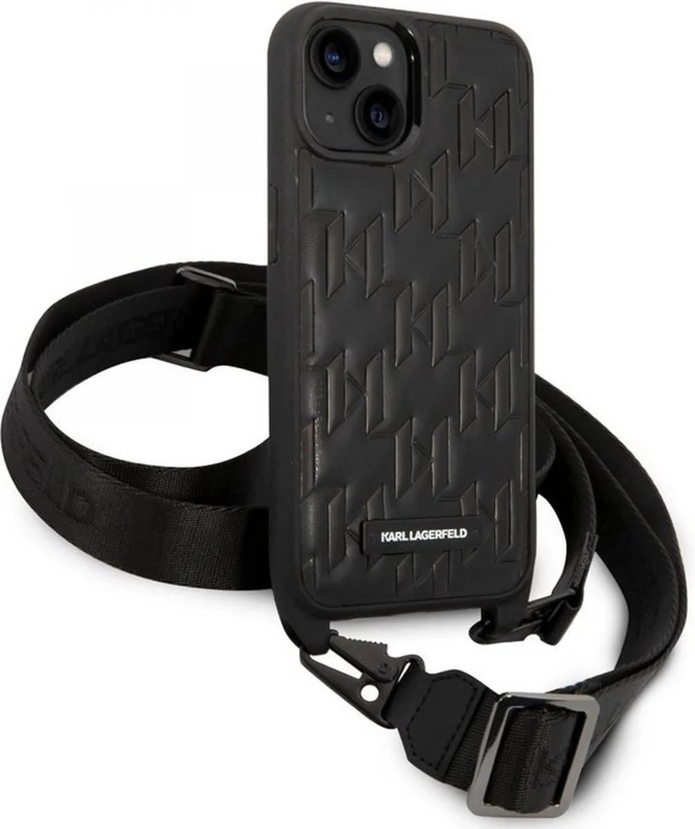 Karl Lagerfeld Saffiano Monogram Strap iPhone 14 Hoes - Zwart