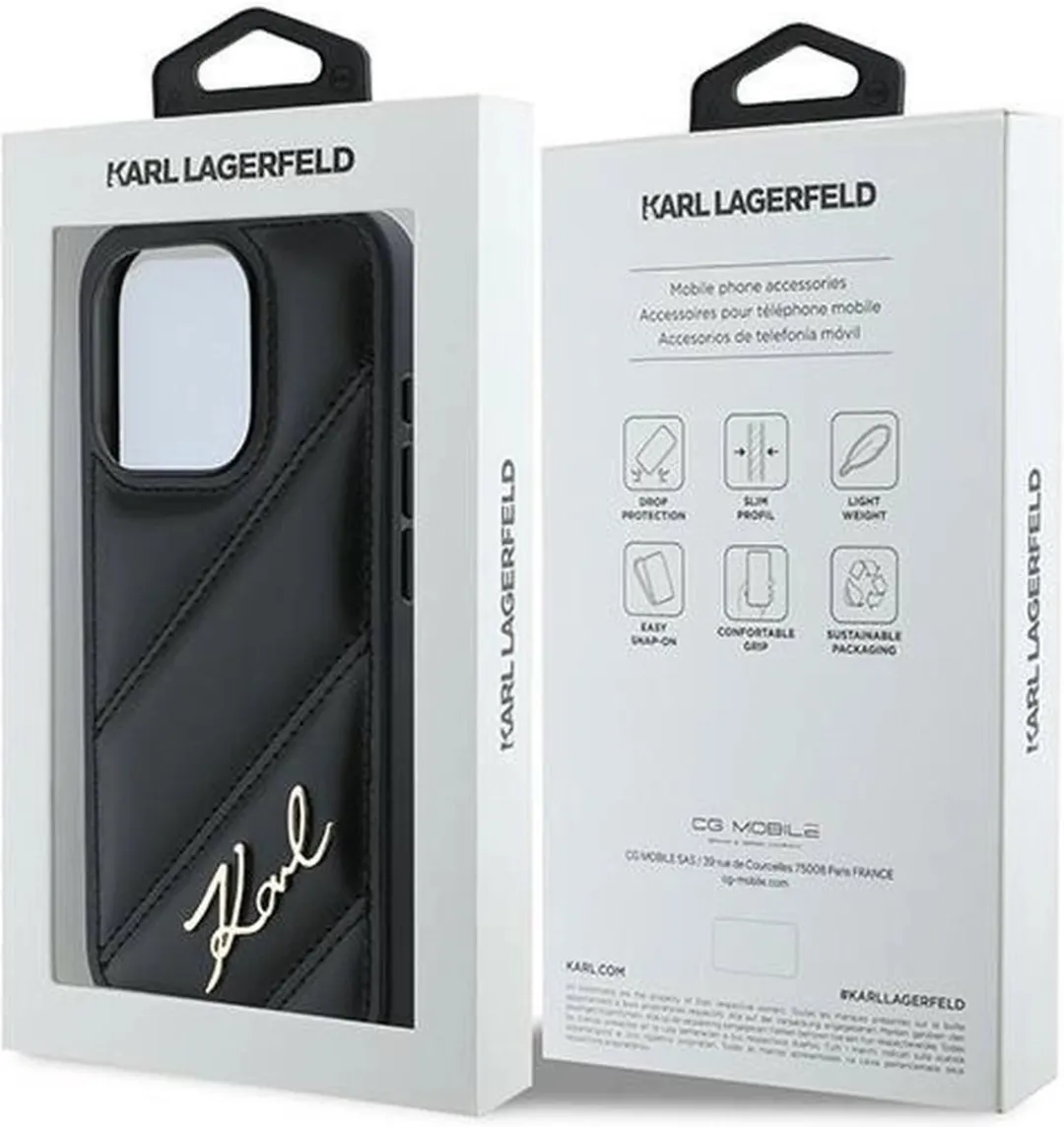 Karl Lagerfeld Diagonal Quilted Script Hoesje iPhone 15 Pro - Zwart
