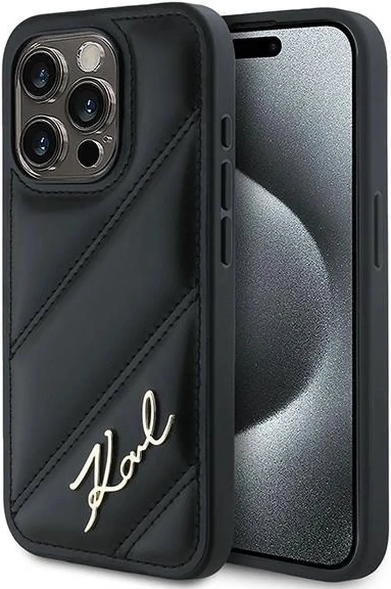 Karl Lagerfeld Diagonal Quilted Script Hoesje iPhone 15 Pro - Zwart