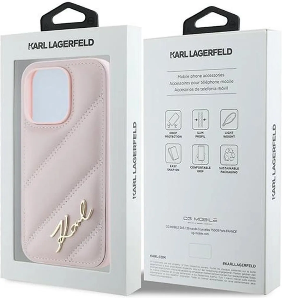 Karl Lagerfeld Diagonal Quilted Script Hoesje iPhone 14 Pro - Roze