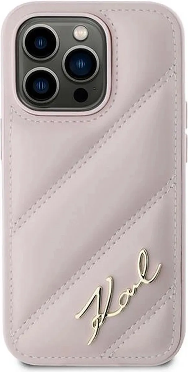 Karl Lagerfeld Diagonal Quilted Script Hoesje iPhone 14 Pro - Roze