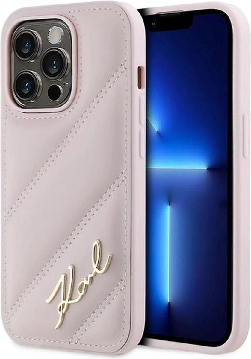 Karl Lagerfeld Diagonal Quilted Script Hoesje iPhone 14 Pro - Roze