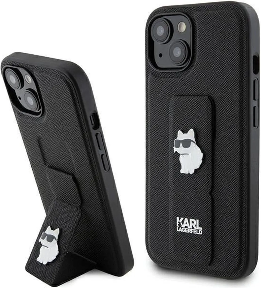 Karl Lagerfeld Gripstand Saffiano Choupette Pins Hoesje iPhone 15 - Zwart