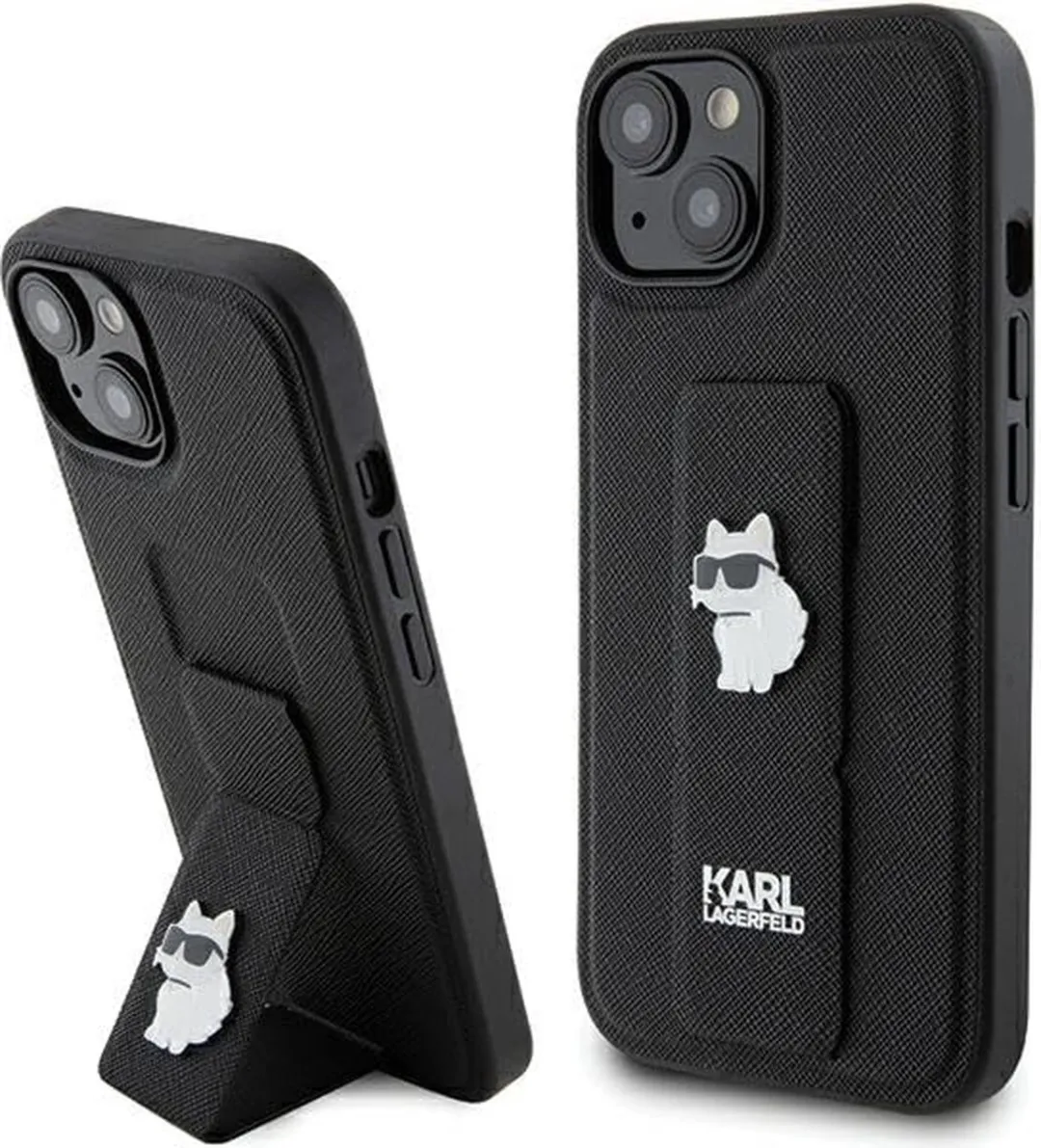 Karl Lagerfeld Gripstand Saffiano Choupette Pins Hoesje iPhone 15 - Zwart