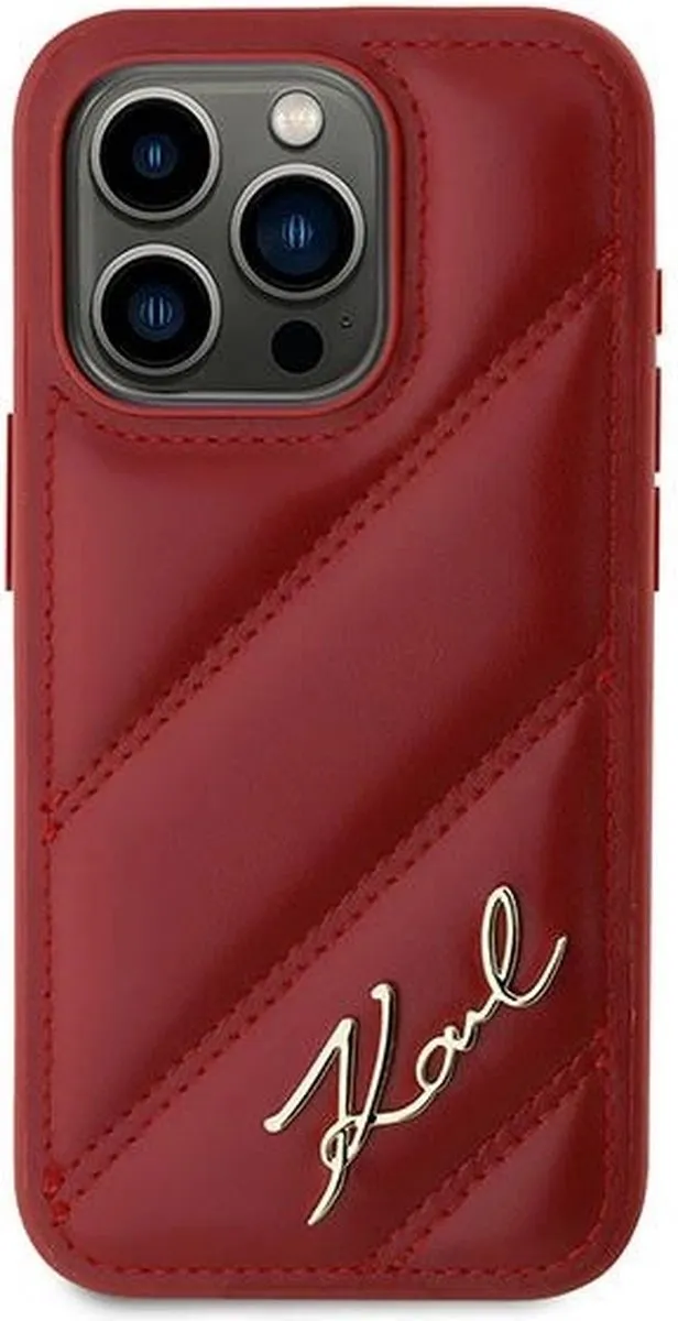 Karl Lagerfeld Diagonal Quilted Script Hoesje iPhone 15 Pro - Rood