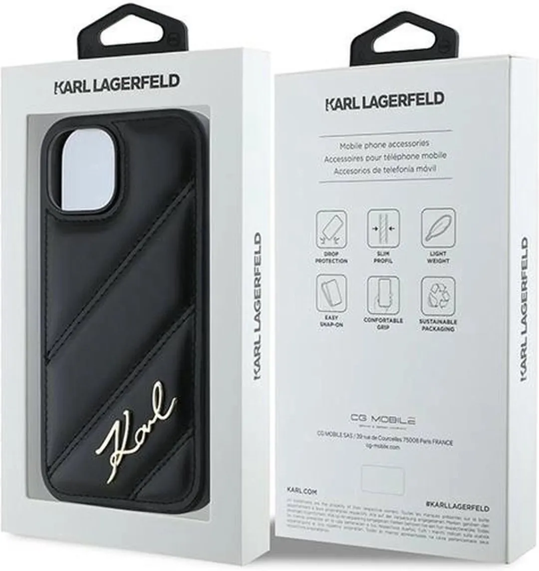 Karl Lagerfeld Diagonal Quilted Script Hoesje iPhone 15/14/13 - Zwart
