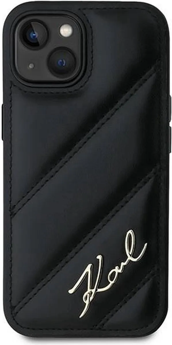 Karl Lagerfeld Diagonal Quilted Script Hoesje iPhone 15/14/13 - Zwart