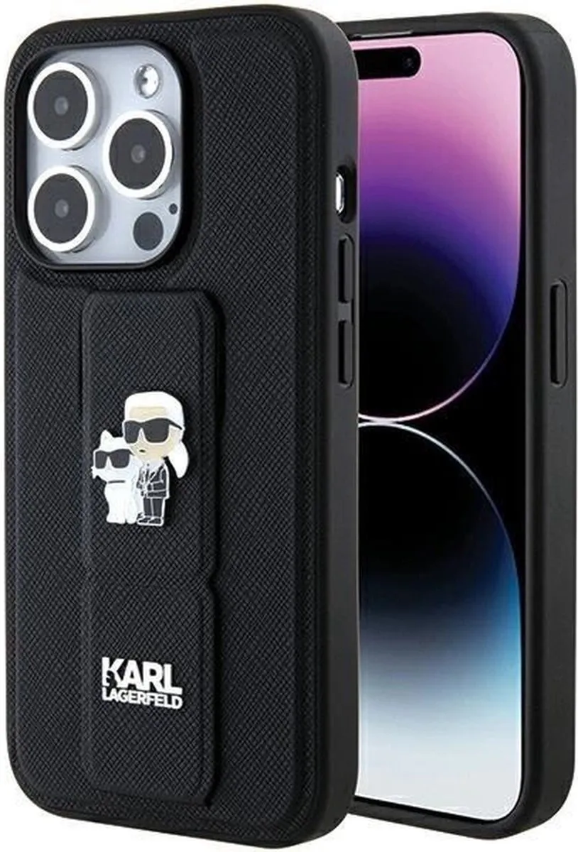 Karl Lagerfeld Gripstand Saffiano Karl&Choupette Hoesje iPhone 15 Pro - Zwart