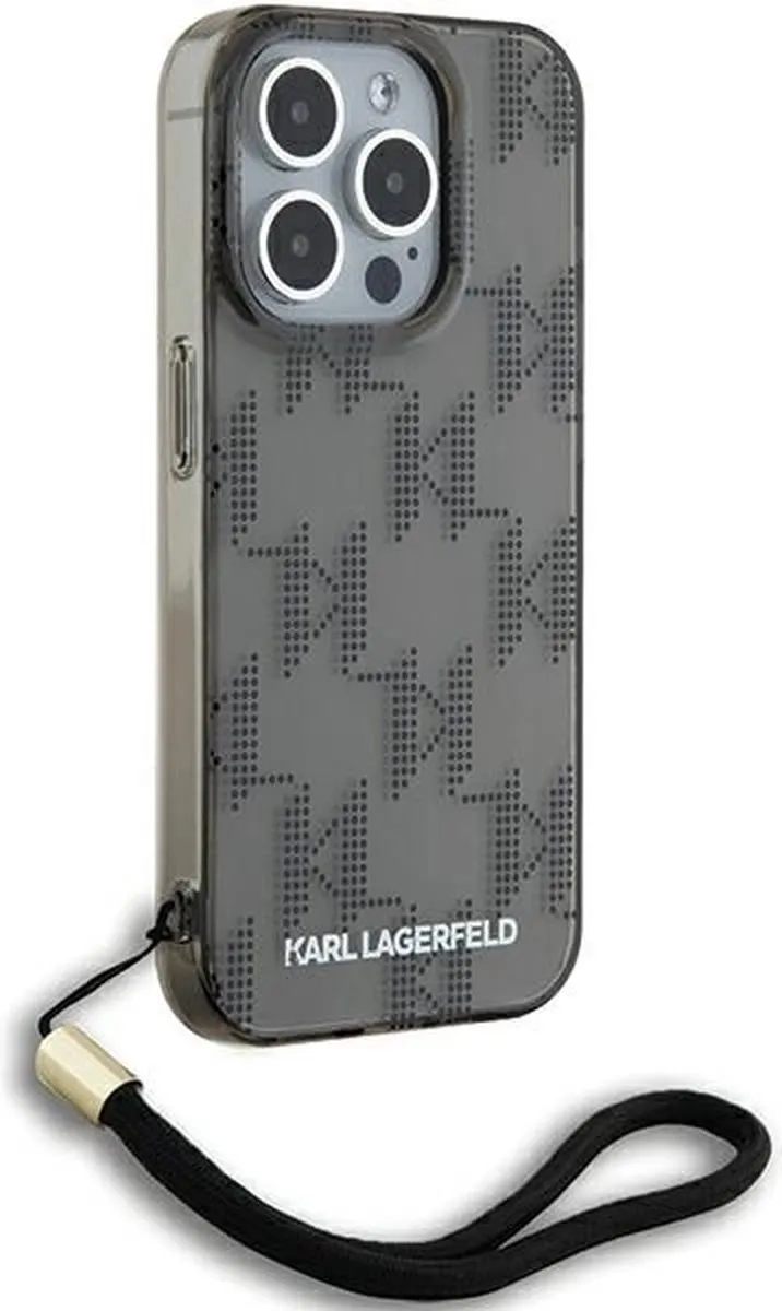 Karl Lagerfeld IML Mono KL Pattern & Cord Case iPhone 15 Pro - Zwart