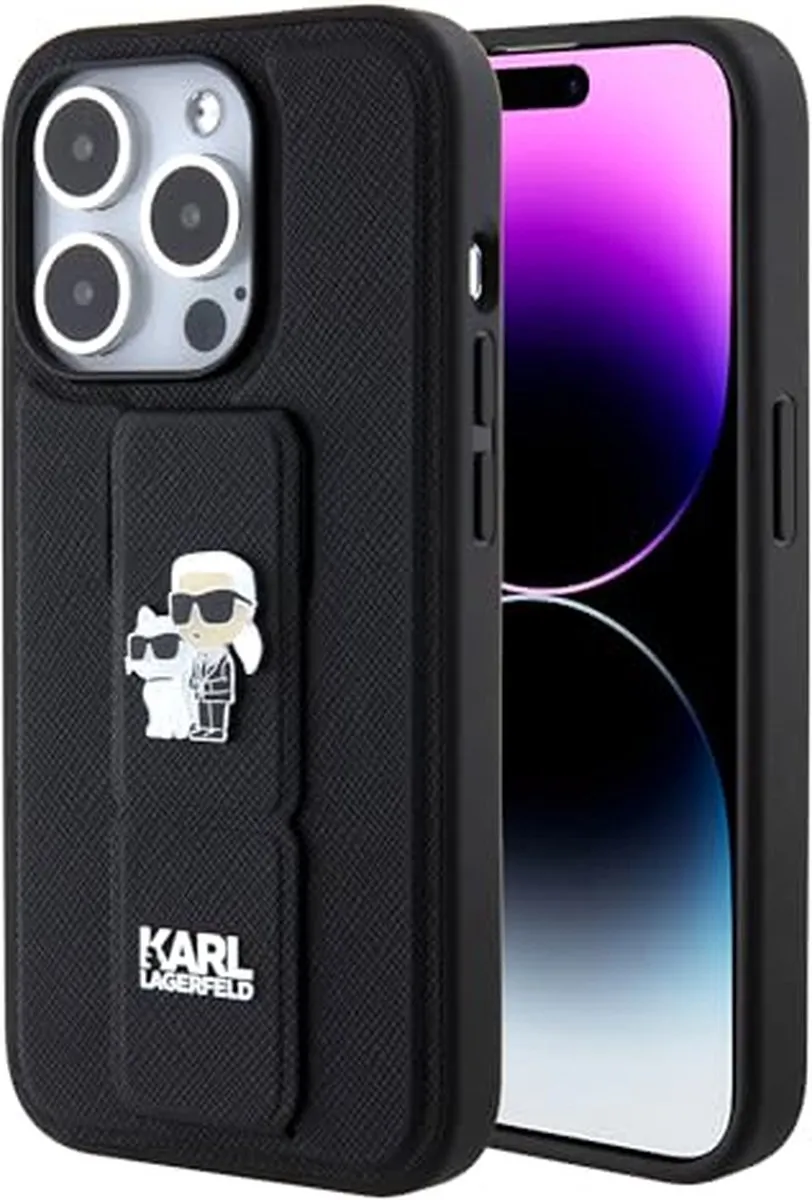 Karl Lagerfeld Gripstand Saffiano Karl&Choupette Hoesje iPhone 15 Pro Max - Zwart