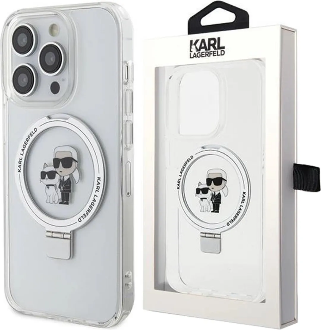 Karl Lagerfeld Ring Stand Karl & Choupette Hard Case Back Cover iPhone 14 Pro - Wit