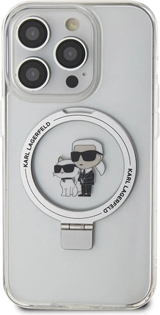 Karl Lagerfeld Ring Stand Karl & Choupette Hard Case Back Cover iPhone 14 Pro - Wit