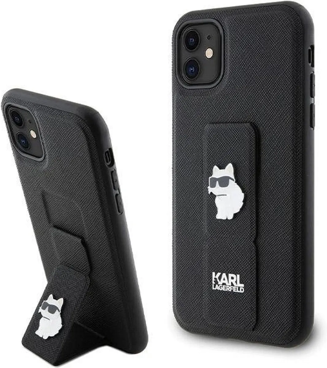 Karl Lagerfeld Gripstand Saffiano Choupette Pins Case iPhone - Zwart