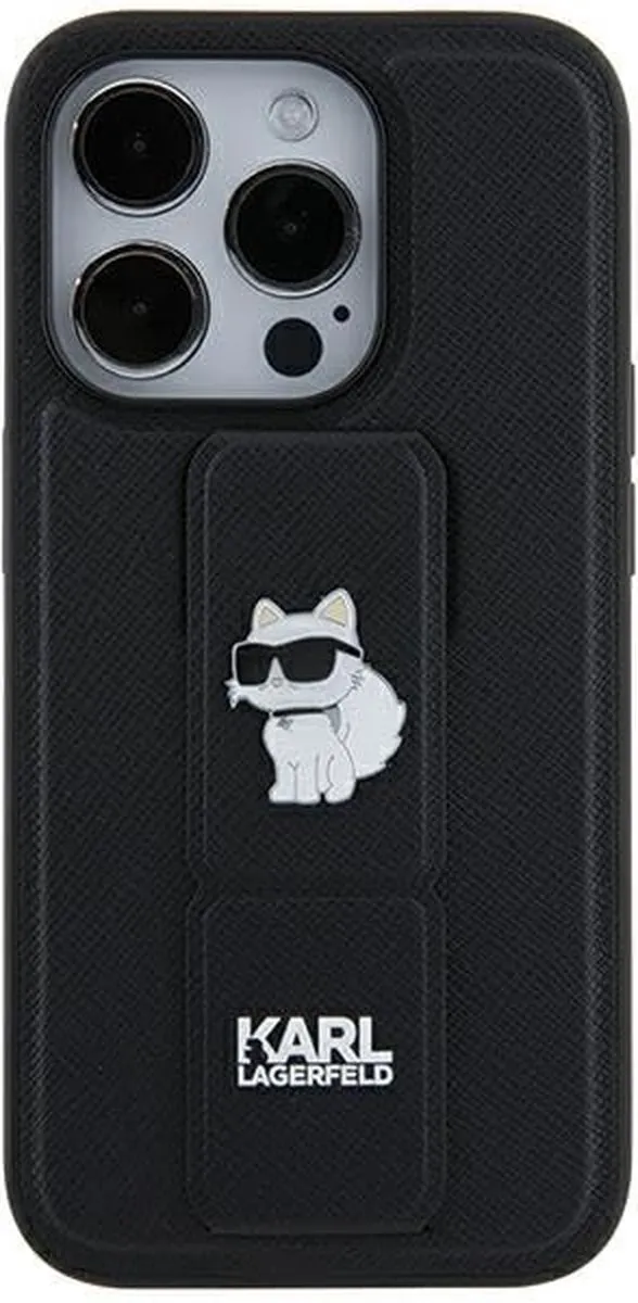 Karl Lagerfeld Gripstand Saffiano Choupette Pins Case iPhone - Zwart