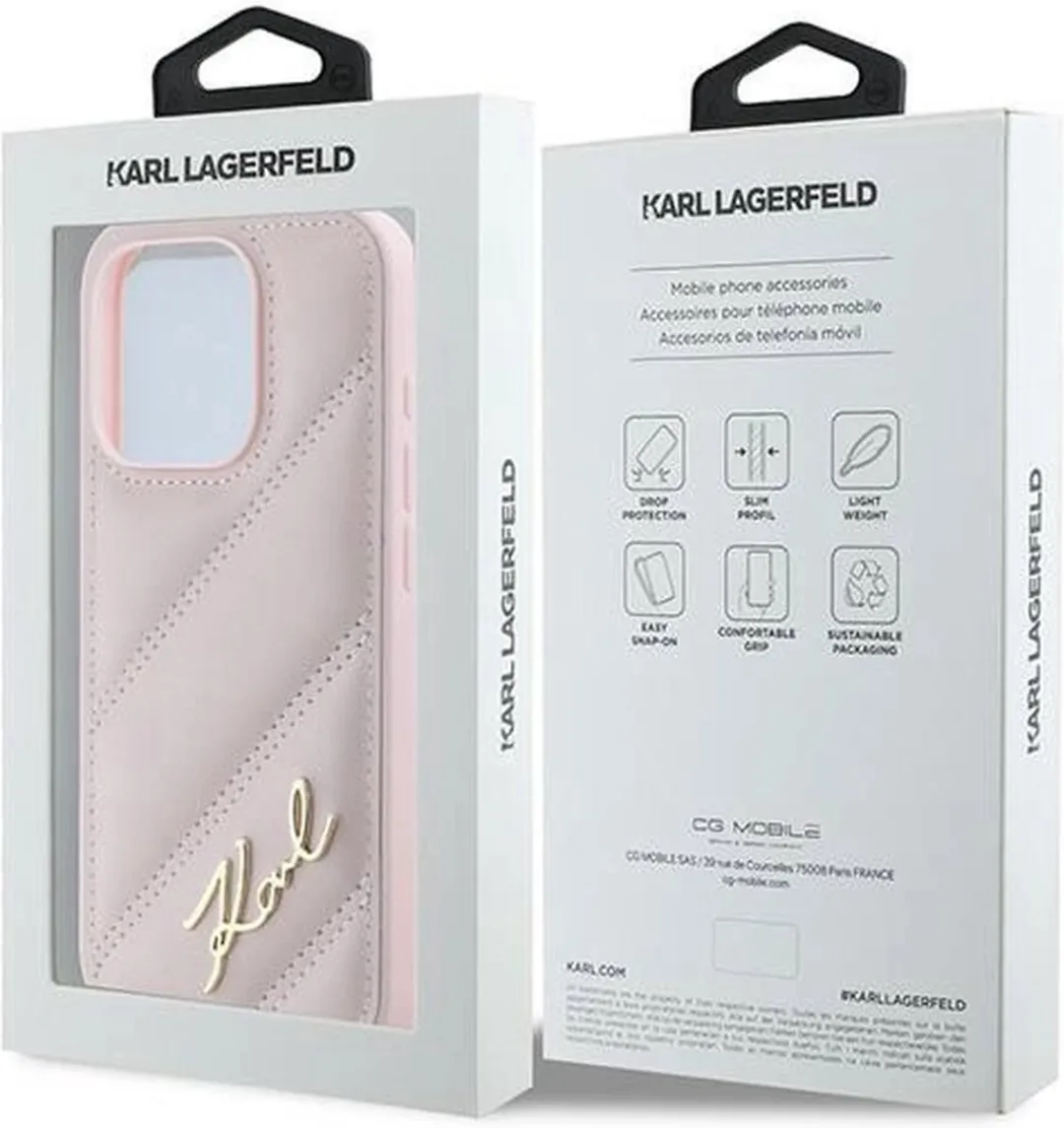 Karl Lagerfeld Diagonal Quilted Script Hoesje iPhone 15 Pro - Roze