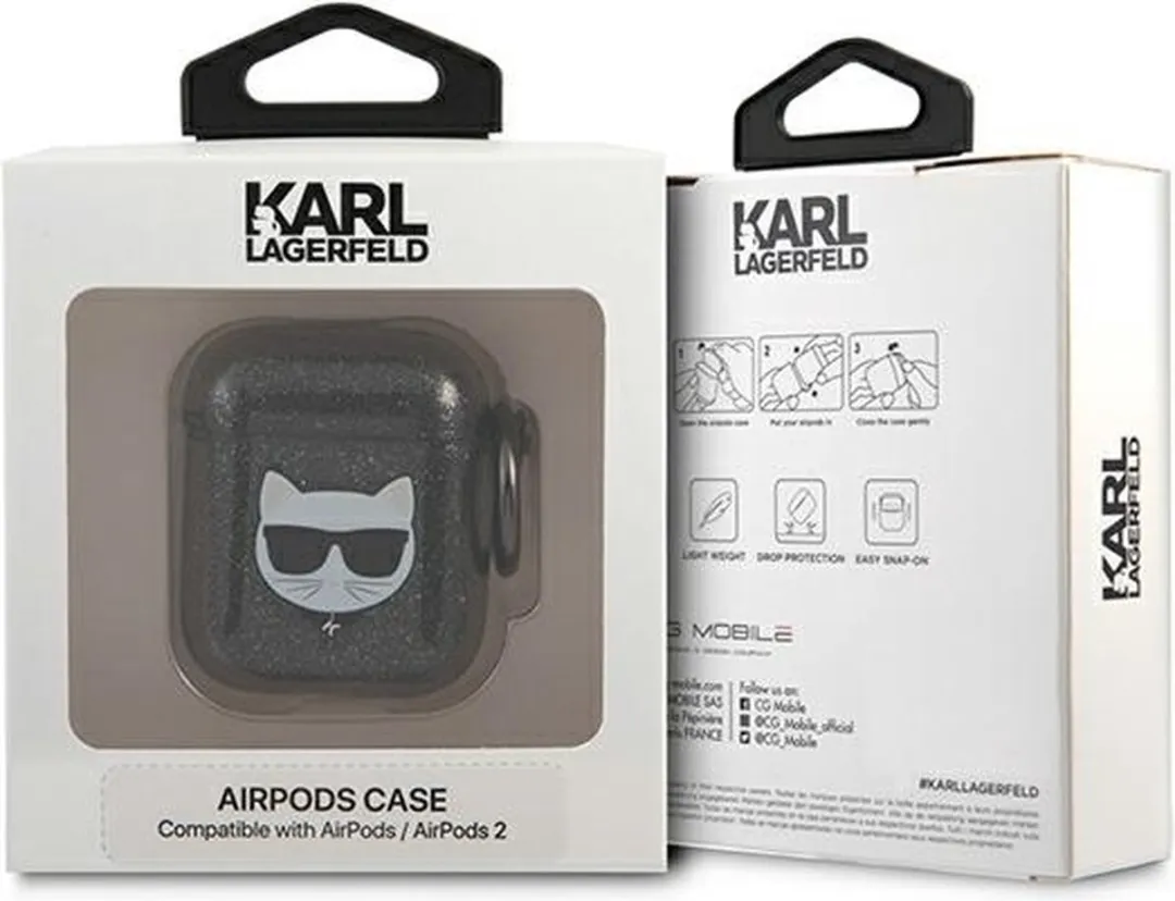 Karl Lagerfeld KLA2UCHGK AirPods Cover - Zwart Glitter Choupette