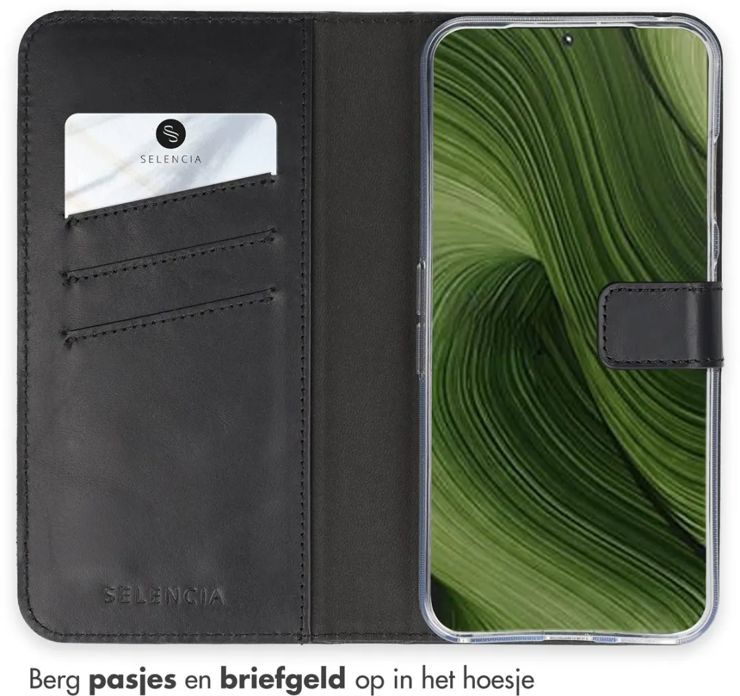 Selencia Hoesje Fairphone 6 - Echt Lederen Bookcase - 3 Pasjes - Zwart