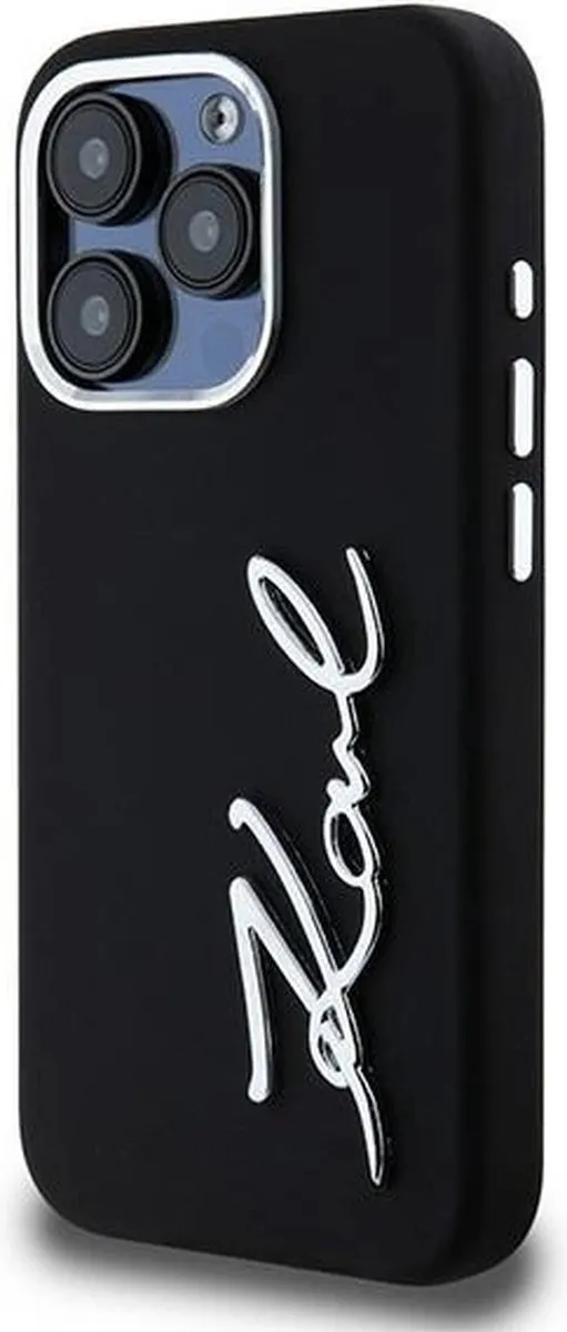 Karl Lagerfeld Siliconen Metal Script Logo Hoesje iPhone 15 Pro - Zwart