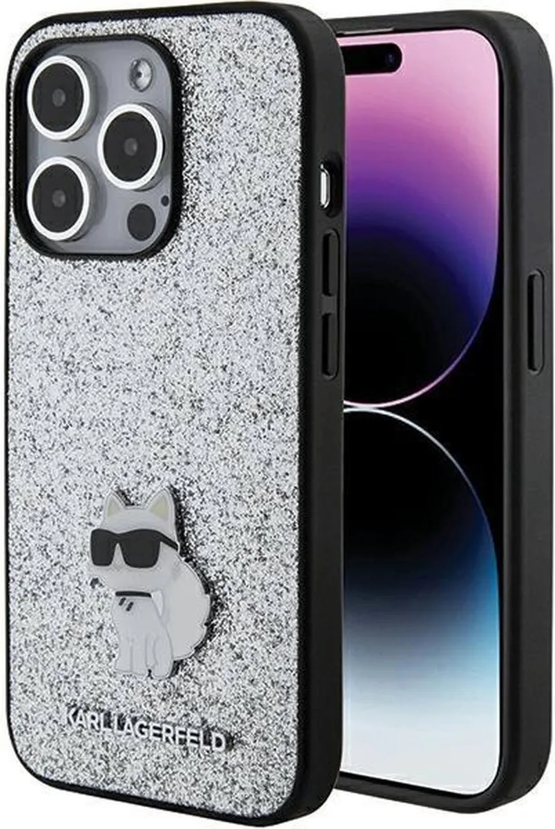 Karl Lagerfeld Fixed Glitter Choupette Logo iPhone 15 Pro Max Hoesje - Zilver